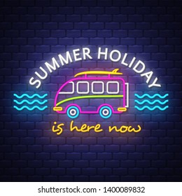 Sunmmer caravan, Summer holiday banner. Neon banner. Neon sign. Vector.