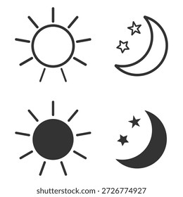 Contorno de iconos de sol y luna y estilo sólido. conjunto de símbolos de sol y luna. cielo del día sol y cielo de la noche luna, estrella. Ilustración vectorial.