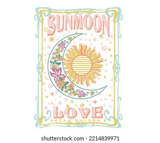 Sunmoon Love  slogan with mystical illustration for t-shirt prints and other uses. Mystical(sun, flower) illustrations.