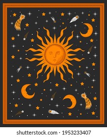 sun,moon and stars,magical vector illustration, tarot cards symbol, alchemy