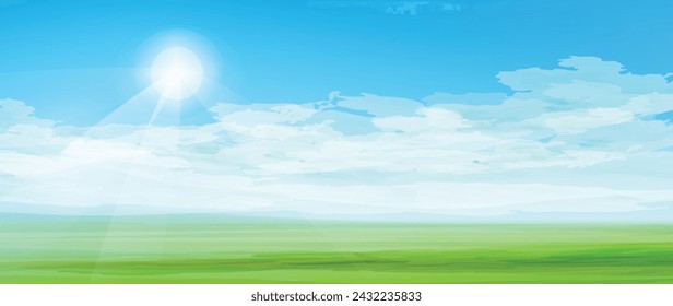 Sunn day. Horizontal vector landscape. Watercolor  textured nature background. Green fields, blue sky. 