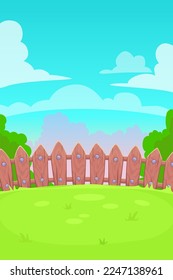 Sunner sunny day scene in cartoon style, rural landscape with grass, fence trees and clouds. Farm background for games. Vector outdor illustration.