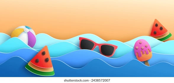 Sunnin' with shades, chillin' with a watermelon, ice cream, and a beach ball. Summer fun! Vector Illustration