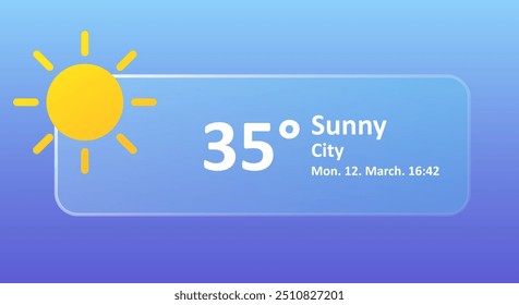 Sonnige 35 Grad Celsius Wettervorhersage, Datum. Sommer, heiß, warm, Luft, Hitze, Dürre, Niederschlag, Temperatur, Luftdruck, Fahrenheit, Bedingungen, hoher UV-Index, synoptisch. Glasmorphismus