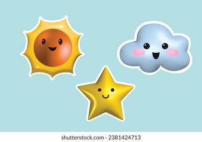Sunny 3D vector illustration on a cheerful blue backdrop for kids. Features a delightful sun, fluffy cloud, and a sparkling star, creating a whimsical and playful scene