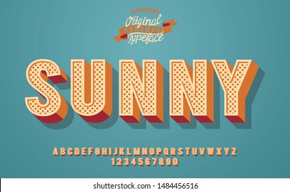 Sunny. 3D vintage summer font in warm color. Serif typeface. 