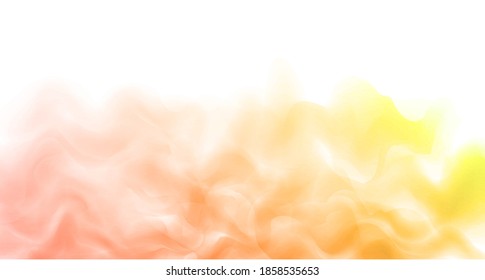 Sonniger abstrakter Hintergrund mit orangefarbenen, roten und gelben Farbtönen. Sonnenklubs mit Dampf. Hellgelber Rauch oder Nebel. Vektorgrafik. Weißer Hintergrund. Kopiert Platz.