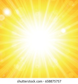 Sunny abstract summer background with sun and bokeh. Bright Background with Sunshine. SunBurst with Flare and Lens.
