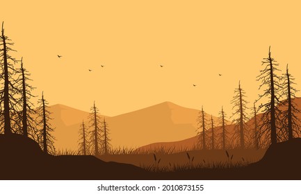 A sunny afternoon with a magnificent view of the mountains from the out of town at dusk. Vector illustration of a city