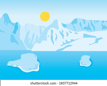 sunny arctic landscape with iceberg mountains and blocks floating on the ocean, colorful design, vector illustration