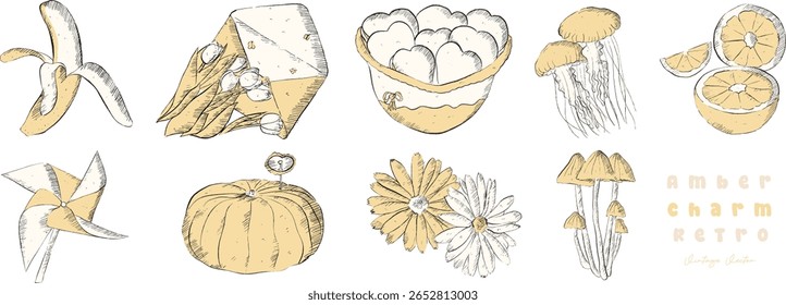 Ensolarado sortimento de delícias amarelas: Banana, Carta, Biscoito, Águas-vivas, Limão, Moinho de vento, Abóbora, Flores, Cogumelo - clipart ilustração estilo vintage | Vetor