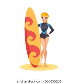 Sunny athletic girl holding colorful surfboard standing on sand in flat style isolated vector illustration 