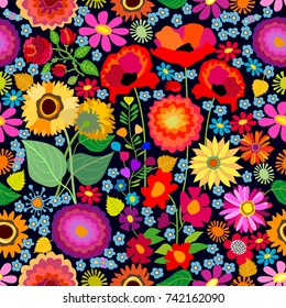 Sunny autumn carpet. Seamless vector pattern with asters, chrysanthemums, poppies and sunflowers on black background. Folk art style textile collection.