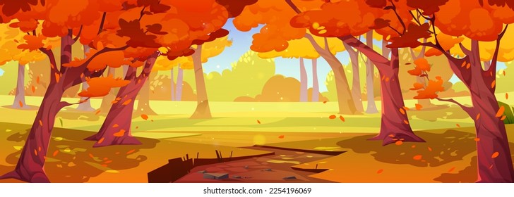 Sunny bosque otoñal, parque natural. La caricatura cae sobre un fondo de madera con césped amarillo bajo árboles naranjas con hojas caídas, sendero de arena marrón. Ilustración del vector