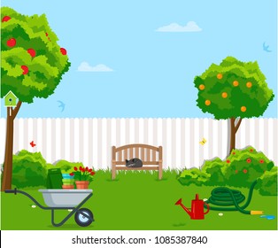 Sunny back yard with green lawn, fence, bench, fruit trees, bushes, flowers, birdhouse, hose, wheelbarrow. Vector illustration.