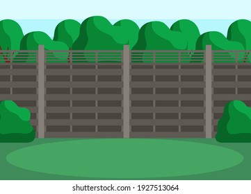 Sunny back yard with green lawn. Green spaces behind large metal fence. Park, glade or backyard lawn for hanging out and relaxing in nature. Trees, grass and bushes as elements of landscape design