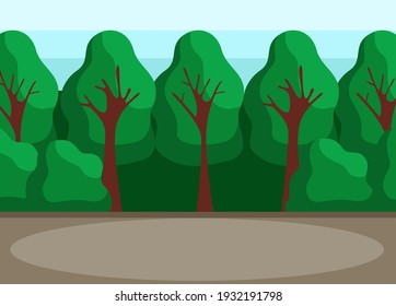 Sunny back yard with high trees. Green spaces flat vector illustration. Park, glade or backyard forest for hanging out and relaxing in nature. Trees and bushes as elements of landscape design