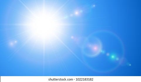 Sunny background, blue sky with sun and lens flare, vector illustration.