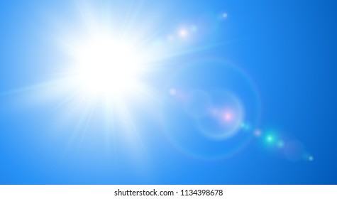 Sunny background, blue sky with sun and lens flare, vector illustration.