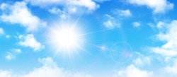 Sunny Background, Blue Sky With White Clouds And Sun, Vector Illustration.