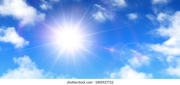 Sunny background, blue sky with white clouds and sun, vector illustration.