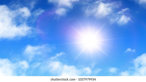 Sunny background, blue sky with white clouds and sun, vector illustration.