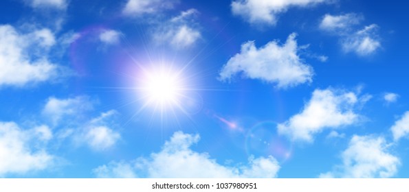 Sunny background, blue sky with white clouds and sun, vector illustration.