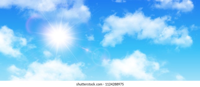 Sunny background, blue sky with white clouds and sun, vector illustration.