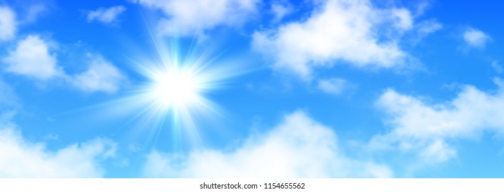 Sunny background, blue sky with white clouds and sun, vector illustration.