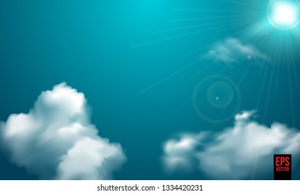 Sunny background, blue sky with white clouds and sun, vector illustration. - Vector