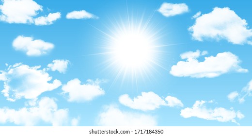 Sunny background, blue sky with white clouds and sun. Vector illustration.