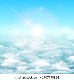 Sunny background, blue sky with white clouds and sun. Square realistic vector banner with blue sky.