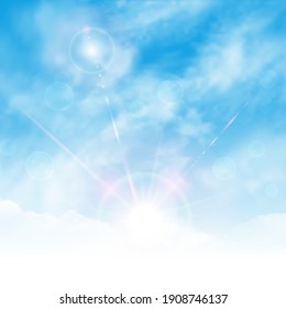 Sunny background, blue sky with white clouds and sun. Square realistic vector banner with blue sky.