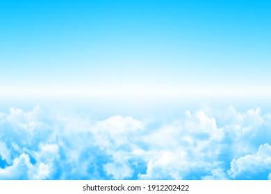 Sunny background, blue sky with white clouds and sun. Realistic vector banner with blue sky. Banner text space.