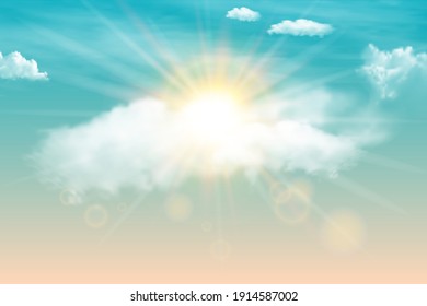 Sonniger Hintergrund, blauer Himmel mit weißen Wolken und Sonne. Realistische Vektorbanner mit blauem Himmel. Banner-Textraum.