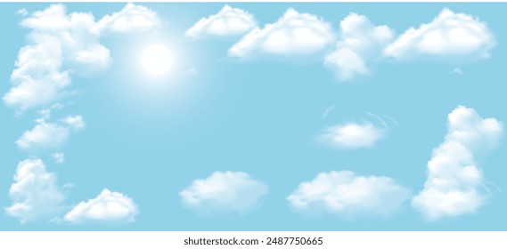 Sunny background blue sky with white clouds and sun vector.
