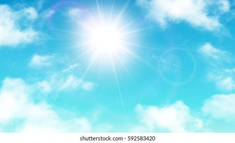 Sunny background, blue sky with white clouds and sun, vector illustration.