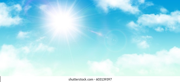 Sunny background, blue sky with white clouds and sun, vector illustration.