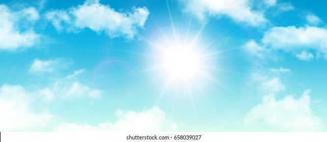 Sunny background, blue sky with white clouds and sun, vector illustration.