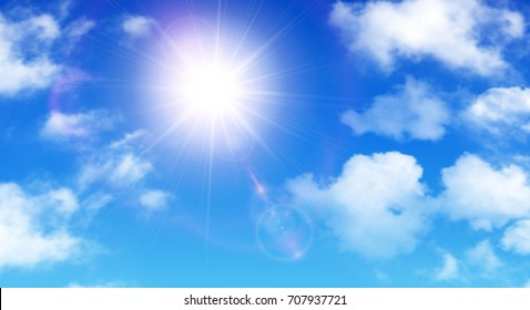 Sunny background, blue sky with white clouds and sun, vector illustration.