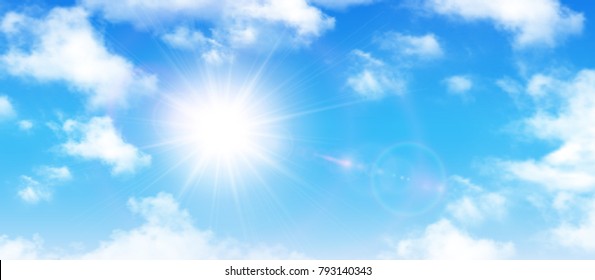 Sunny background  blue sky and white clouds   sun  vector illustration 