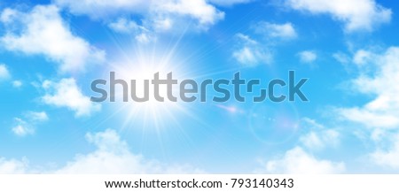 Sunny background, blue sky with white clouds and sun, vector illustration.