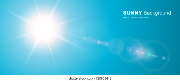 Sunny Background, Blue Sun With Lens Flare, Vector Summer Illustration