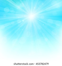 Sunny background with bokeh lights. Abstract illustration with sun beams and defocused lights. Sun in the blue sky. Blurred soft backdrop. Vector illustration. EPS10