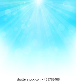 Sunny background with bokeh lights. Abstract illustration with sun beams and defocused lights. Sun in the blue sky. Blurred soft backdrop. Vector illustration. EPS10