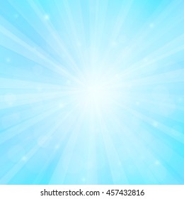 Sunny background with bokeh lights. Abstract illustration with sun beams and defocused lights. Sun in the blue sky. Blurred soft backdrop. Vector illustration. EPS10