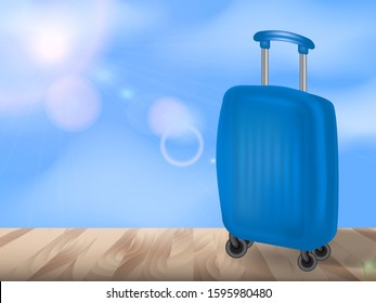 Sunny background with brown suitcase. Vector illustration