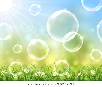 Sunny background with bubbles above the grass, illustration.