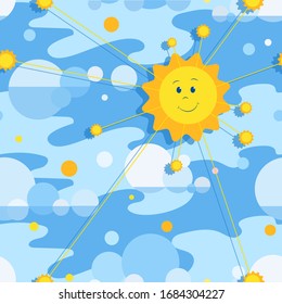 Sunny background. Cloudscape, bright sky with clouds and sun. Vector pattern. Seamless pattern on blue. Design for baby textiles. Seasonal themed background.	 