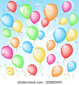 Sunny background with color balloons and confetti